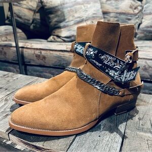 Amiri Tan Suede Leather Bandana Chain Buckled Ankle Boots